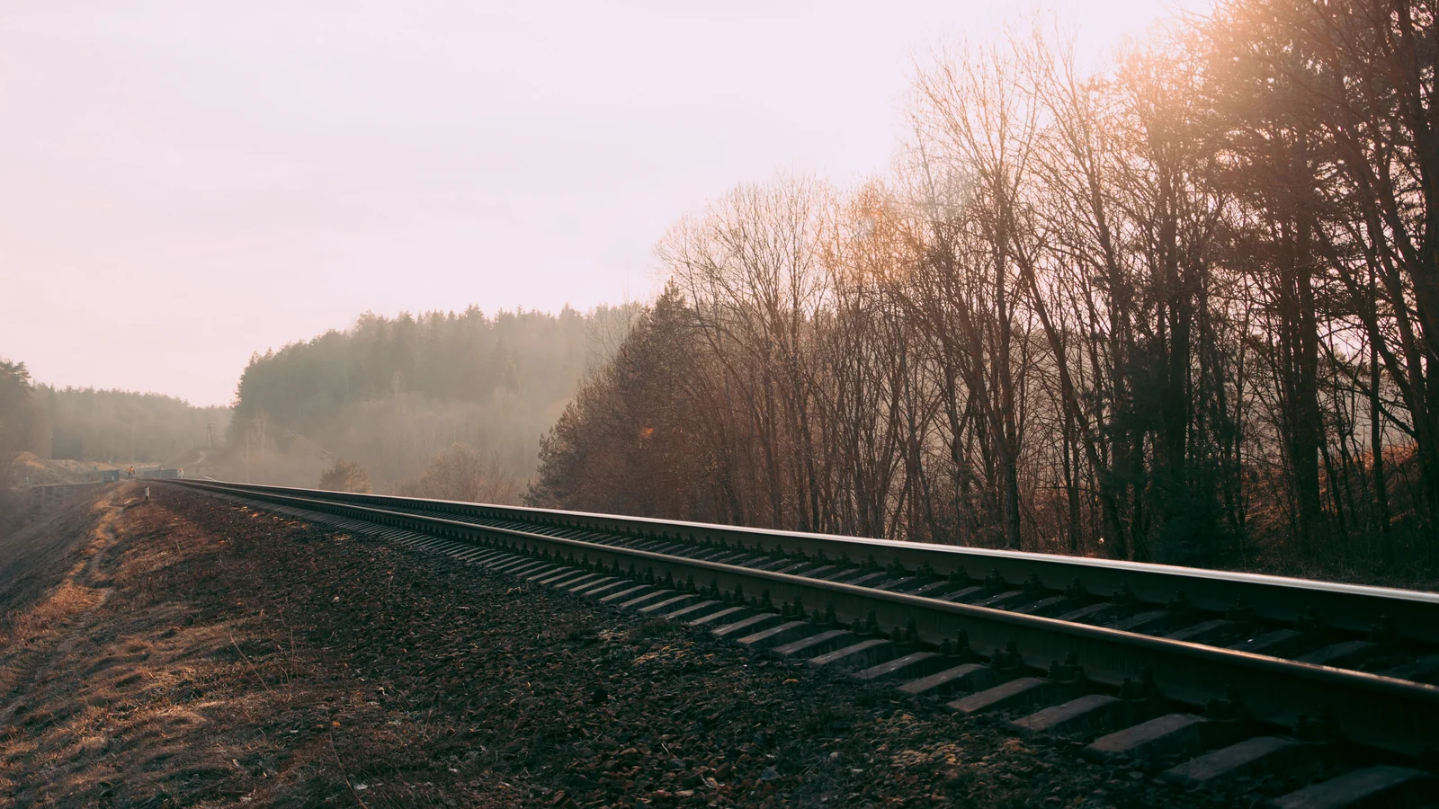 Illustrative stock image of railway tracks beside autumn trees in hazy sunlight.
