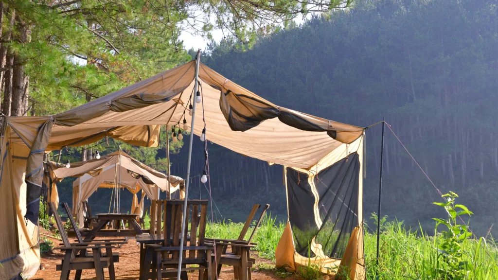 Canvas camping shelters with tables and chairs in a wooded setting.