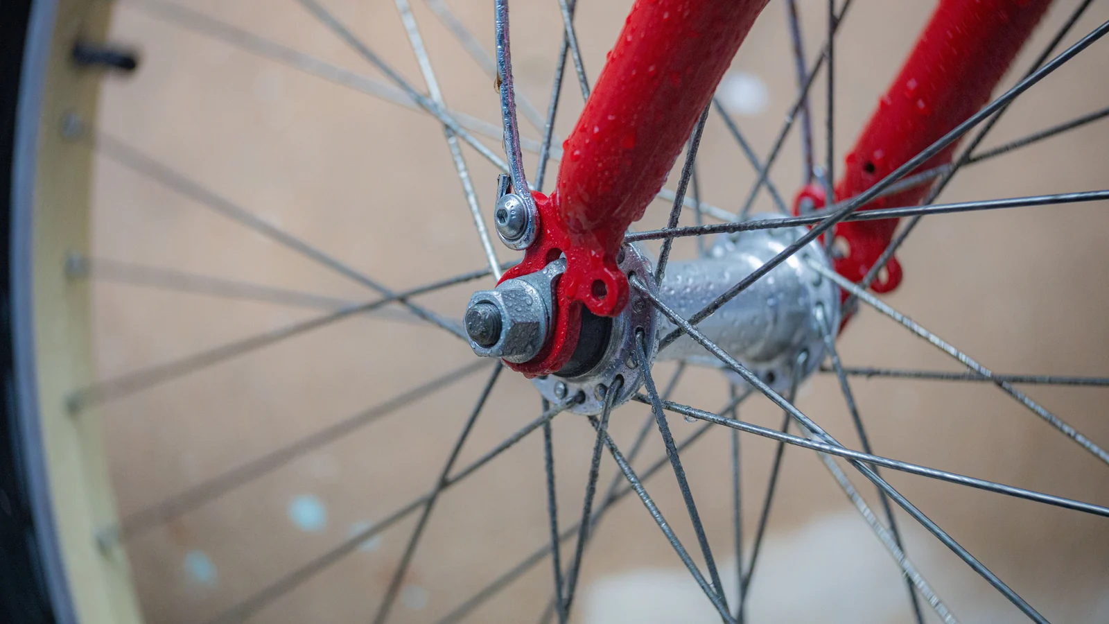Close-up of a wet bicycle wheel hub and spokes beneath a red fork.